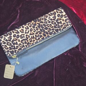Old Navy Leopard Foldover Clutch Faux Leather Zip Pouch